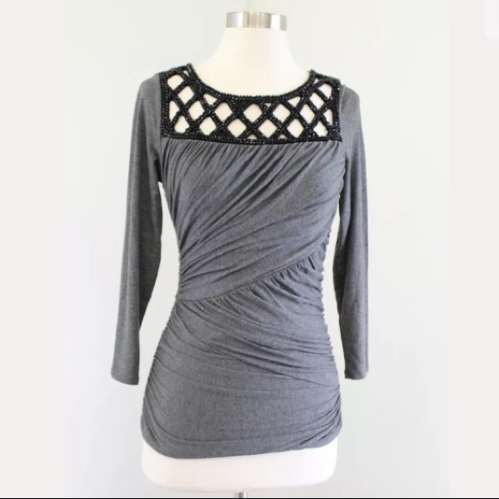 Tracy Reese Beaded Ruched Gray Long sleeve Top sz.M